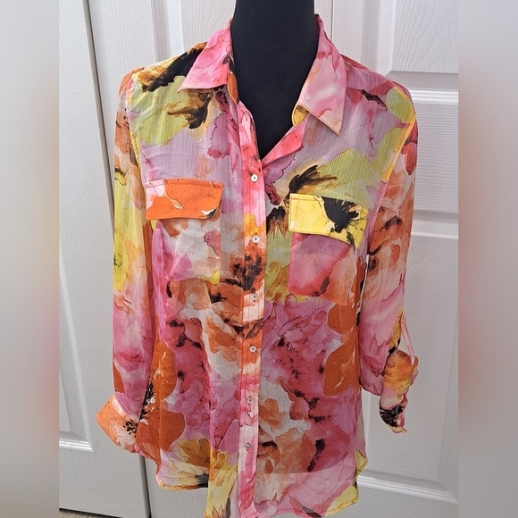Fever Multi Colored Floral Sheer Blouse     Size M - Picture 1 of 12